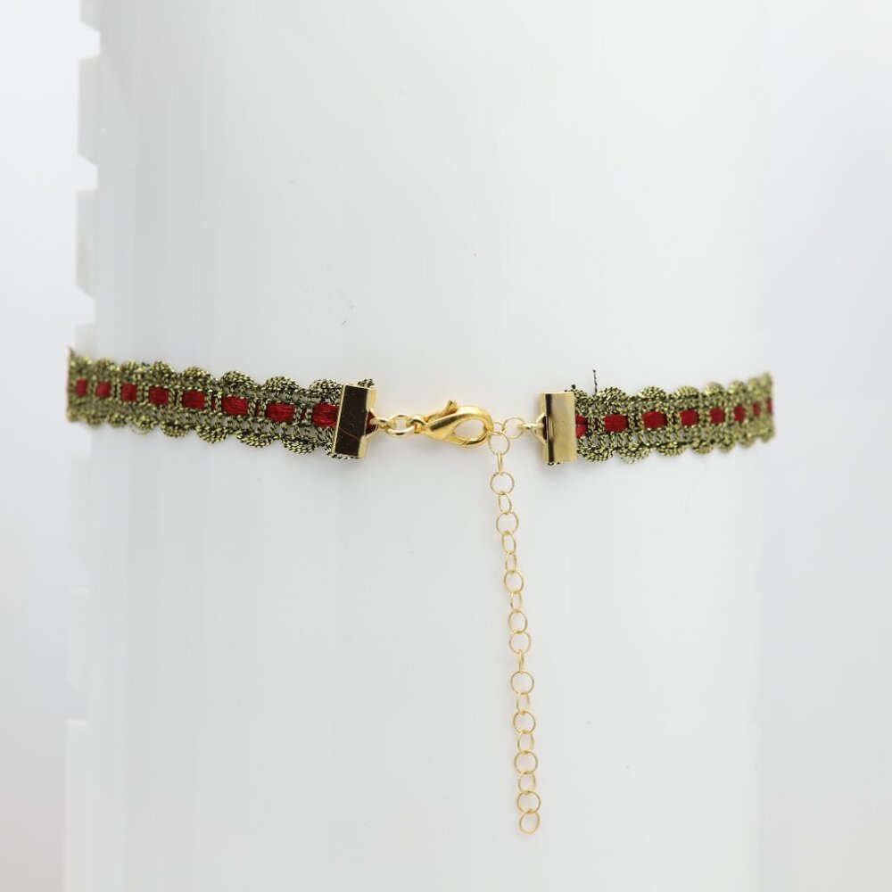 Gold Tone Lace Choker - Adjustable Choker 12.5' - 15' inch Red and Gold choker - Picture 9 of 11